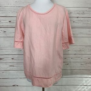 Symple Women's Shirt Size Medium Pale Pink Linen Top Short Sleeve Cut Outs